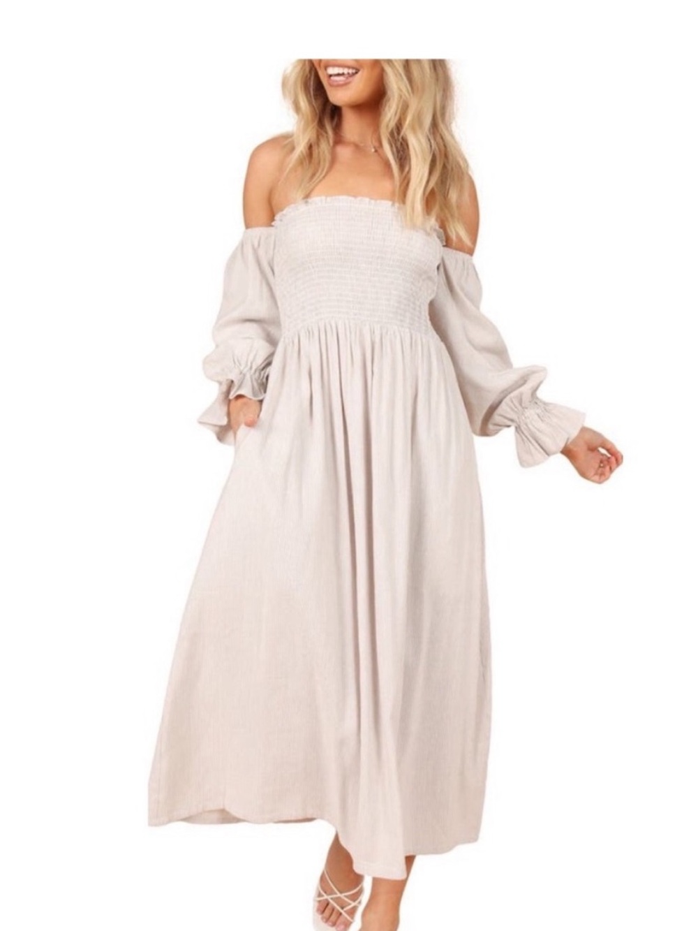 Petal & Pup Domenica Stripe Cream Off-Shoulder Smocked Maxi with Billowy Sleeves